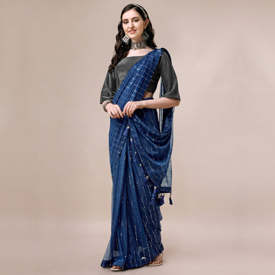 Blue Striped Foil Printed Rayon Saree