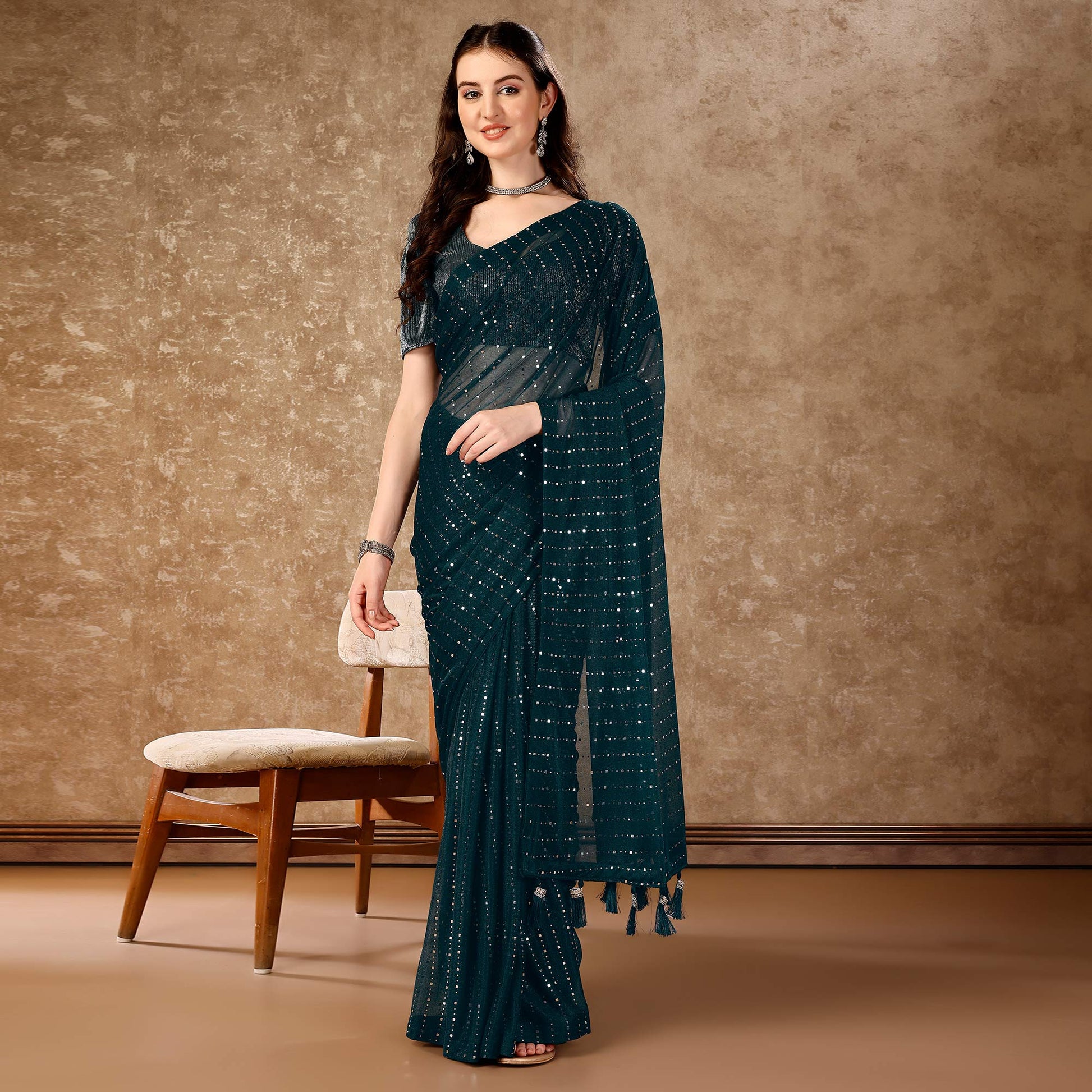 Bottle Green Tikali Work Lycra Saree With Tassels