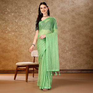 Light Green Tikali Work Lycra Saree With Tassels