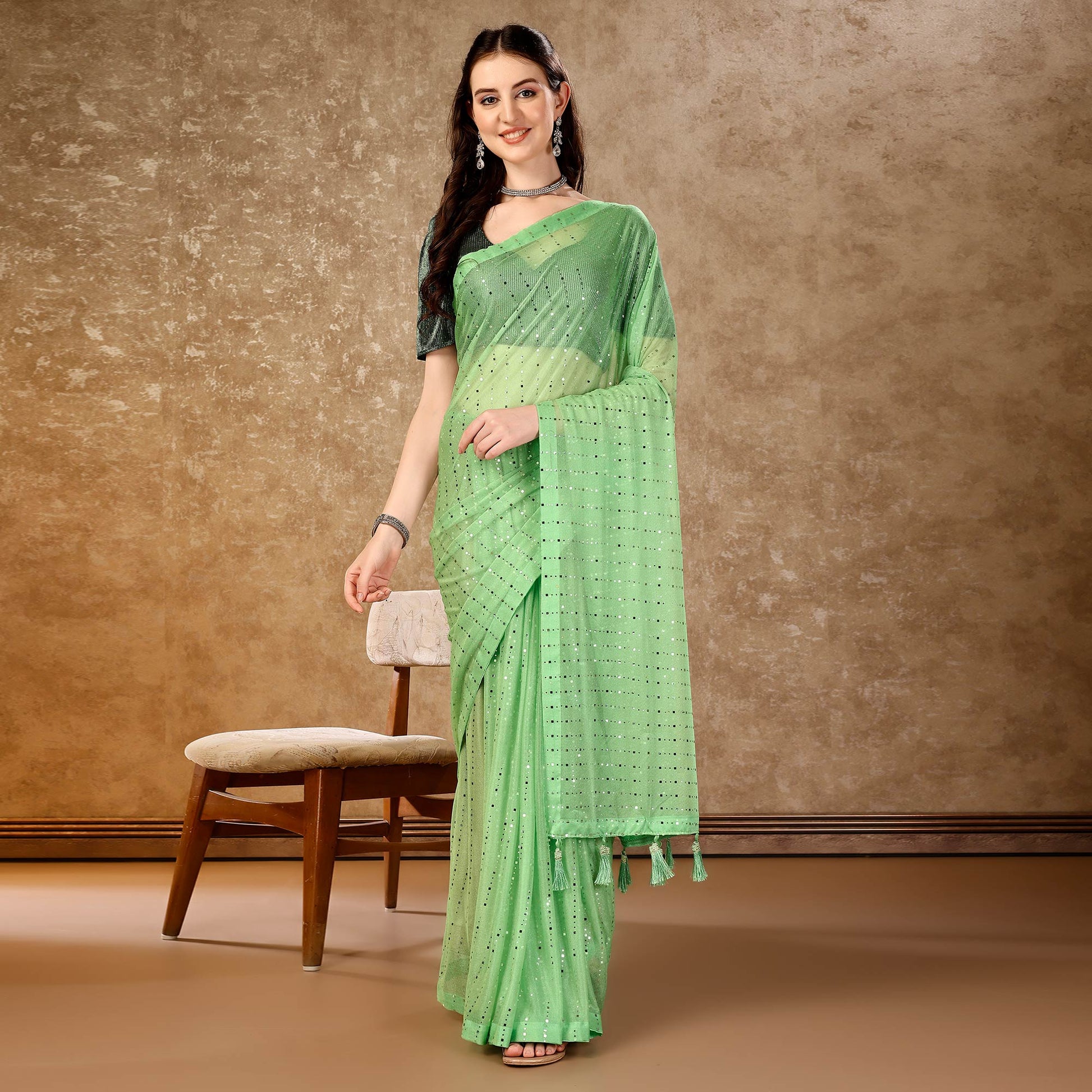 Light Green Tikali Work Lycra Saree With Tassels