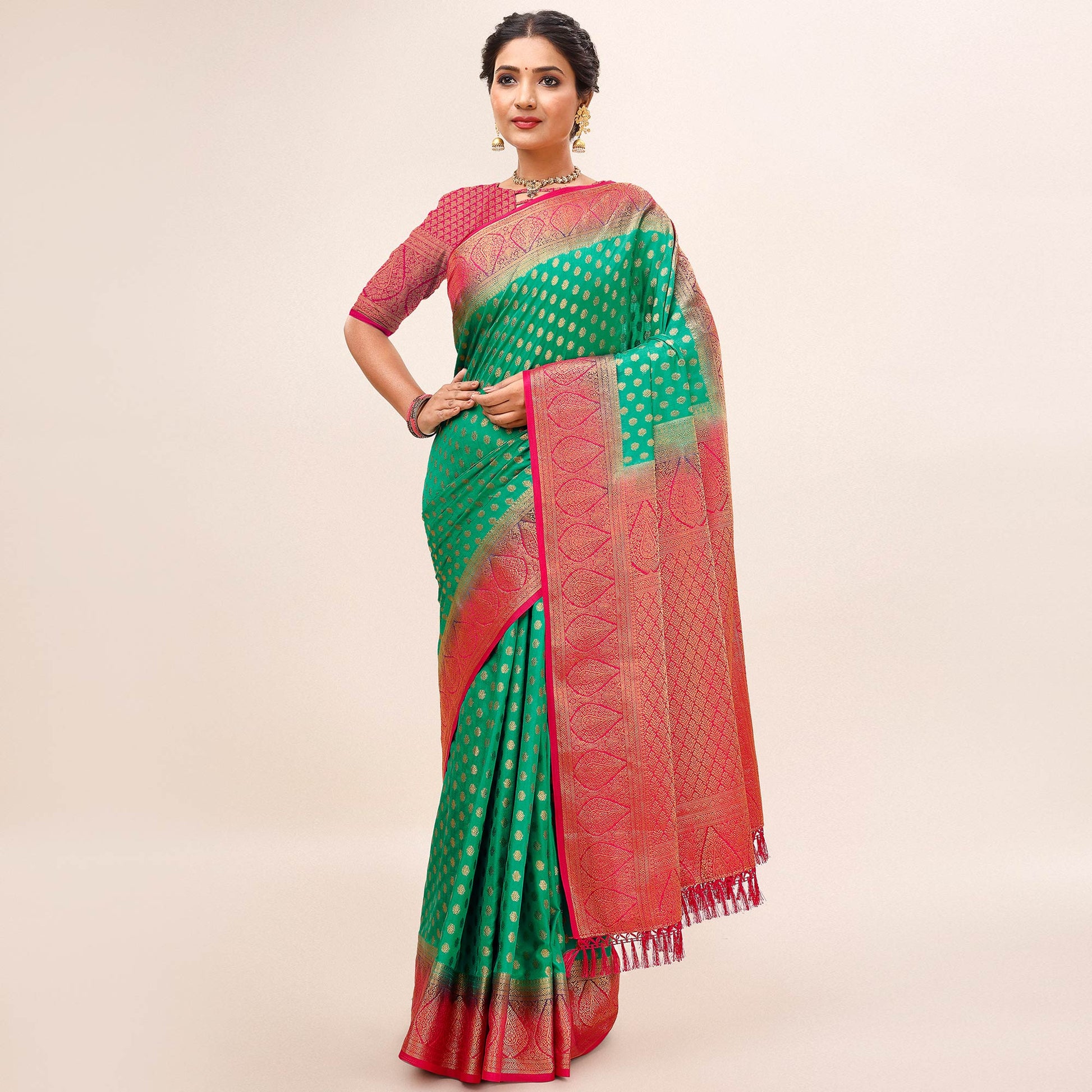 green-woven-dola-silk-saree-with-tassels