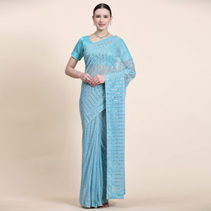 Blue Tikali Work Lycra Saree