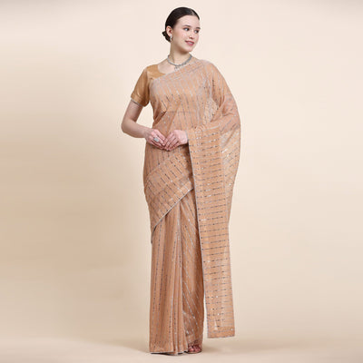 Light Peach Tikali Work Lycra Saree