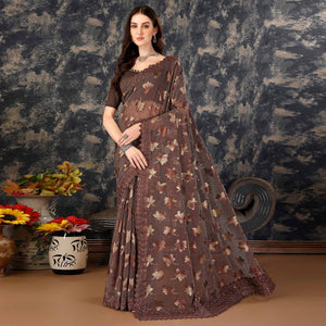Brown Foil Printed Lycra Saree With Embroidered Lace Border