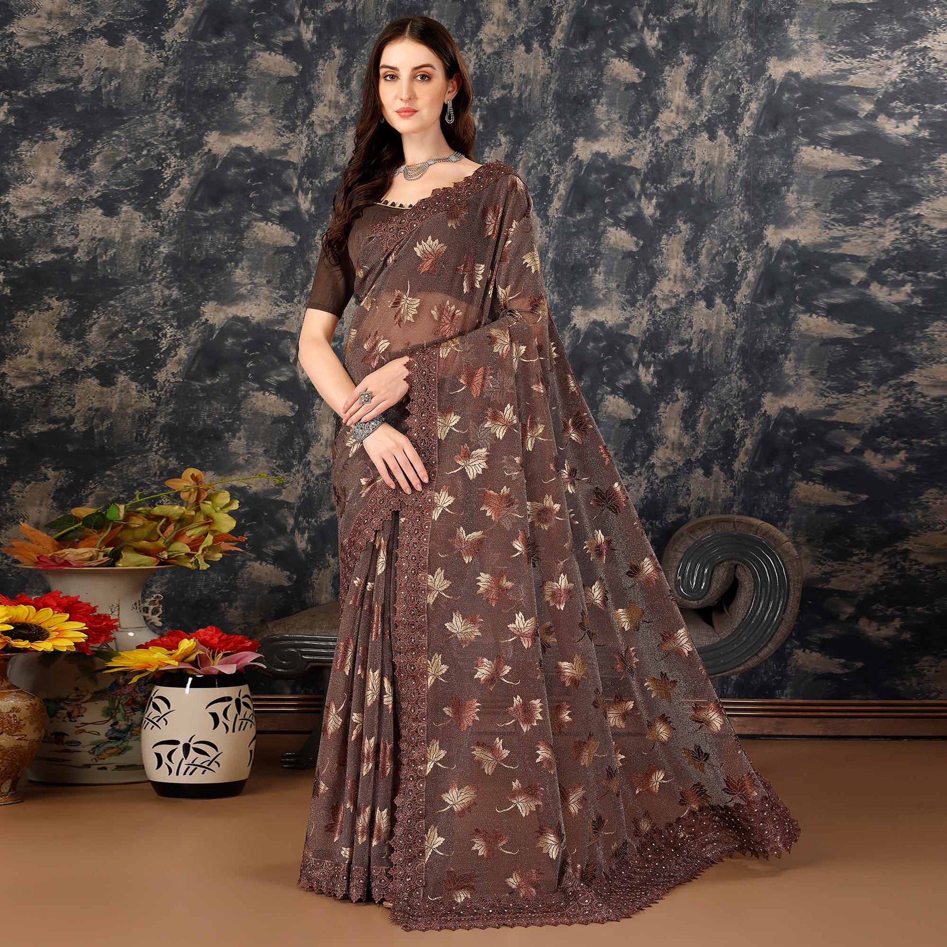 Brown Foil Printed Lycra Saree With Embroidered Lace Border