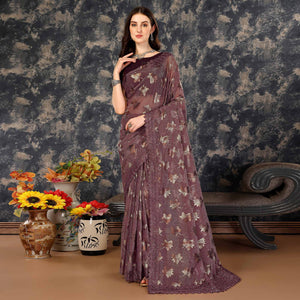 Dark Mauve Foil Printed Lycra Saree With Embroidered Lace Border