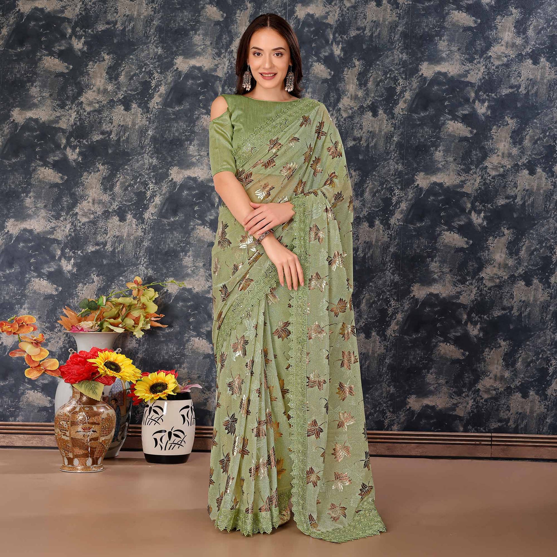 green-foil-printed-lycra-saree-with-embroidered-lace-border