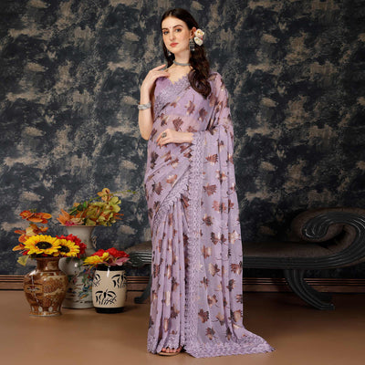 Light Purple Foil Printed Lycra Saree With Embroidered Lace Border