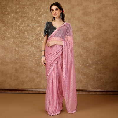 Light Pink Tikali With Swarovski Work Lycra Ready To Wear Saree