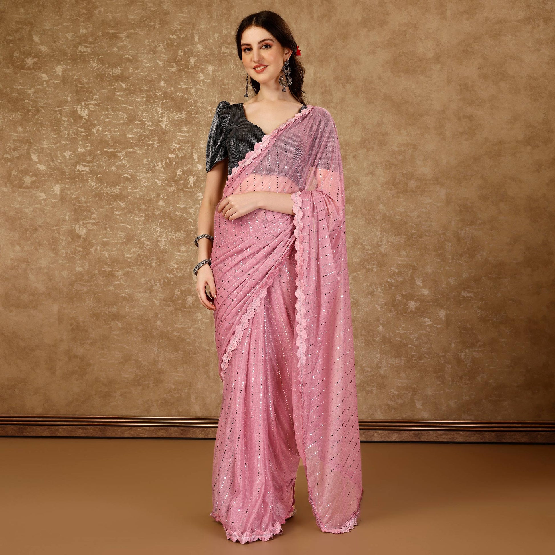 Light Pink Tikali With Swarovski Work Lycra Ready To Wear Saree