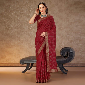 Dark Maroon Floral Foil Printed Vichitra Silk Saree With Lace Border
