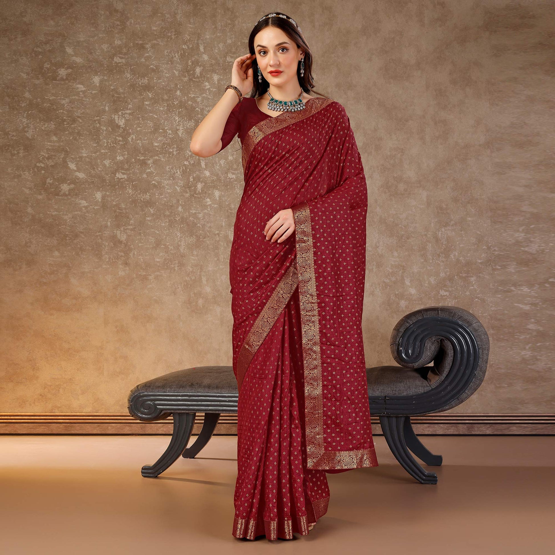 Dark Maroon Floral Foil Printed Vichitra Silk Saree With Lace Border