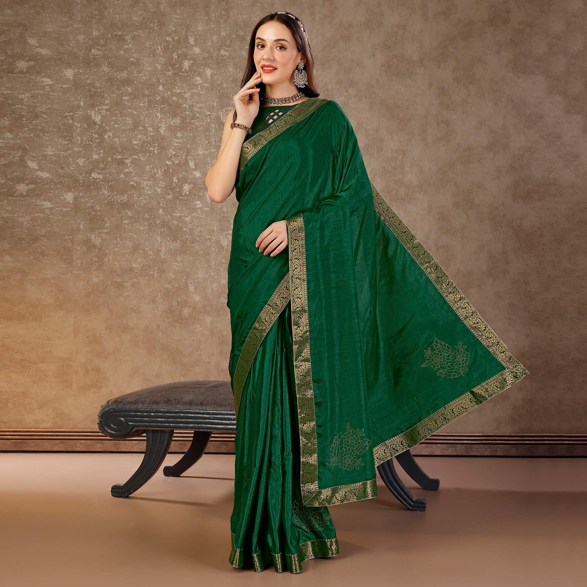 green-floral-swarovski-work-vichitra-silk-saree-with-lace-border