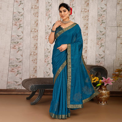 Morpich Floral Swarovski Work Vichitra Silk Saree With Lace Border