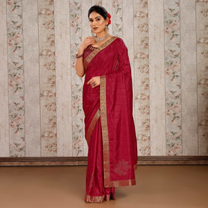 Maroon Floral Swarovski Work Vichitra Silk Saree With Lace Border