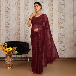 Maroon Swarovski Work Chiffon Saree With Tassels