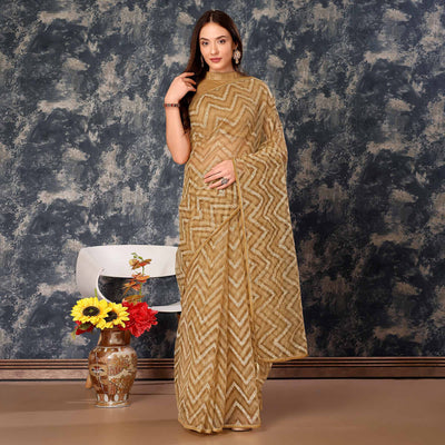 Chikoo Printed With Zari Work Cotton Silk Saree With Lace Border