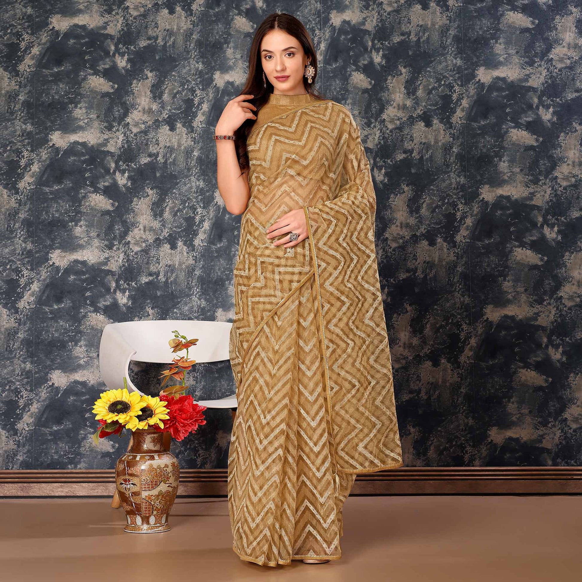 Chikoo Printed With Zari Work Cotton Silk Saree With Lace Border