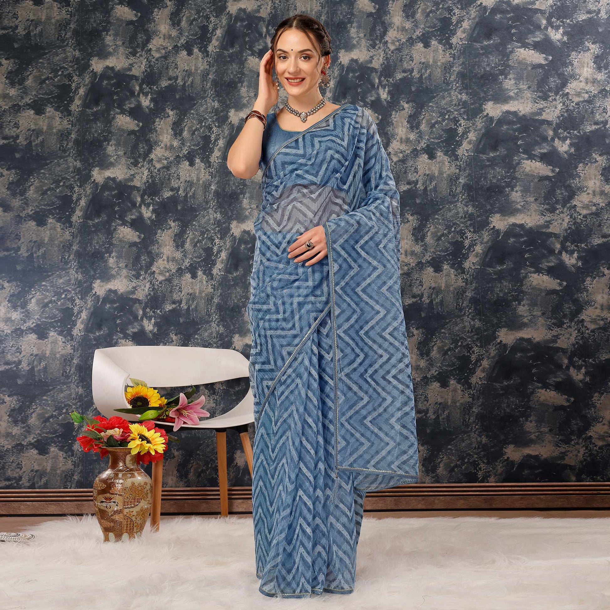 Greyish Blue Printed With Zari Work Cotton Silk Saree With Lace Border