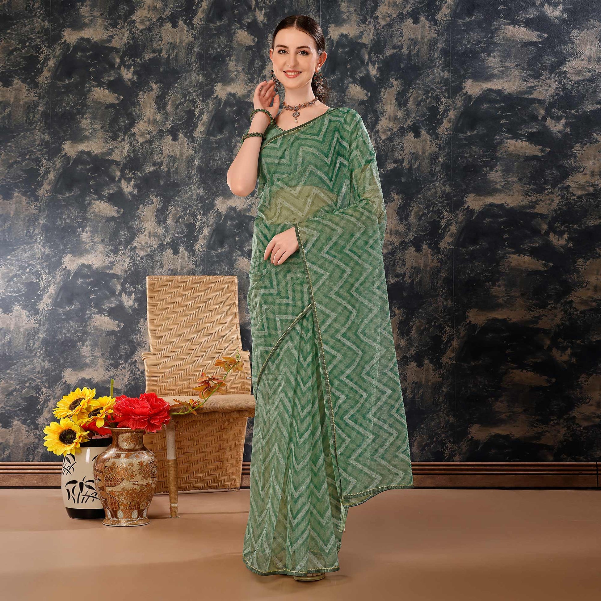 green-printed-with-zari-work-cotton-silk-saree-with-lace-border