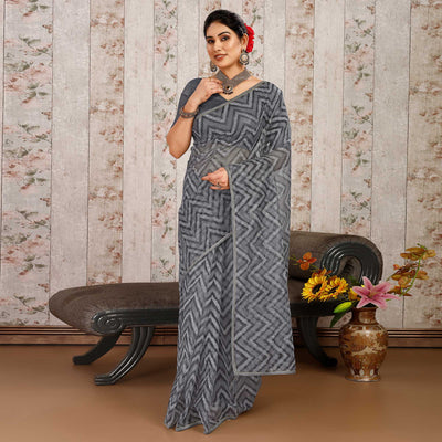 Grey Printed With Zari Work Cotton Silk Saree With Lace Border