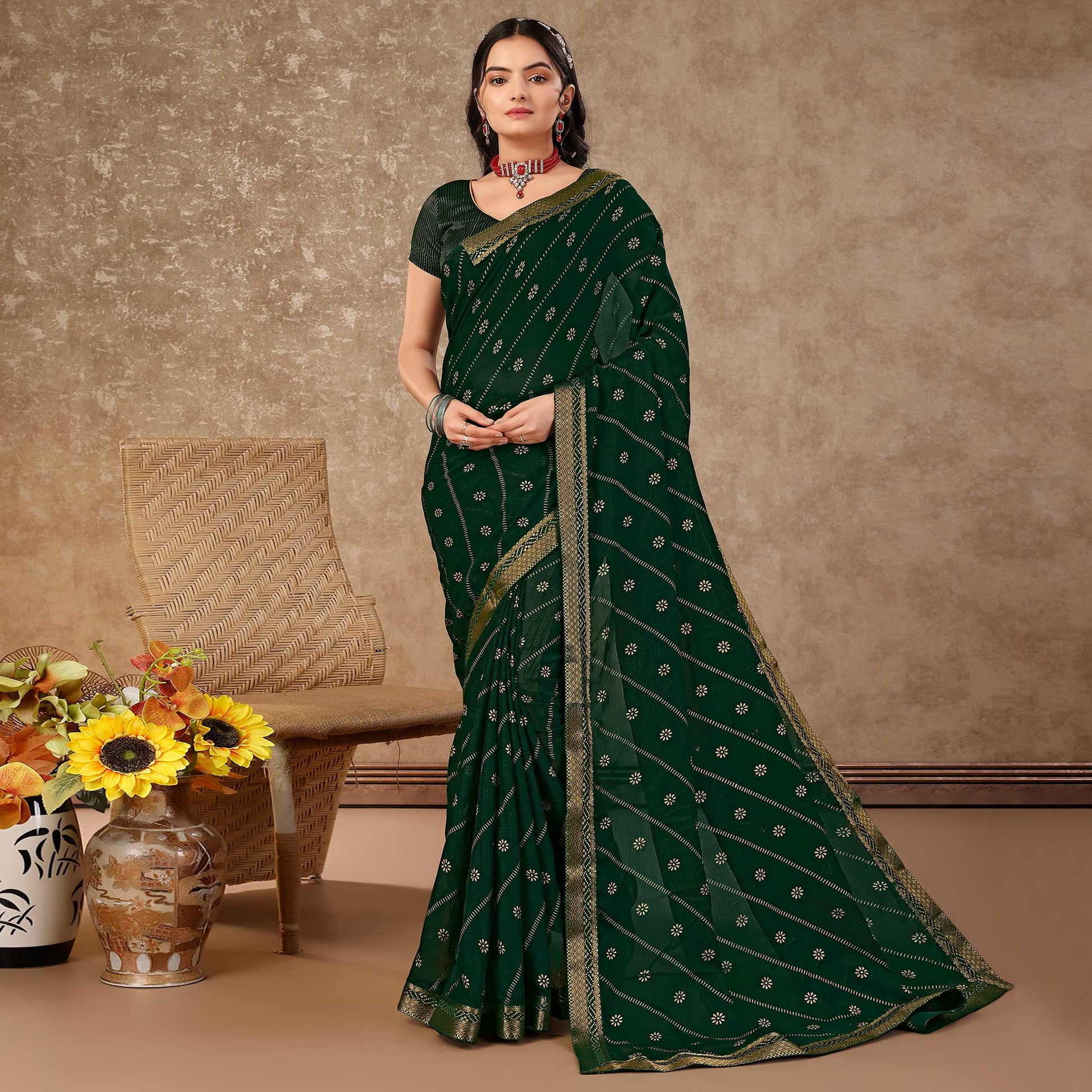 green-floral-foil-printed-chiffon-saree-with-lace-border-1