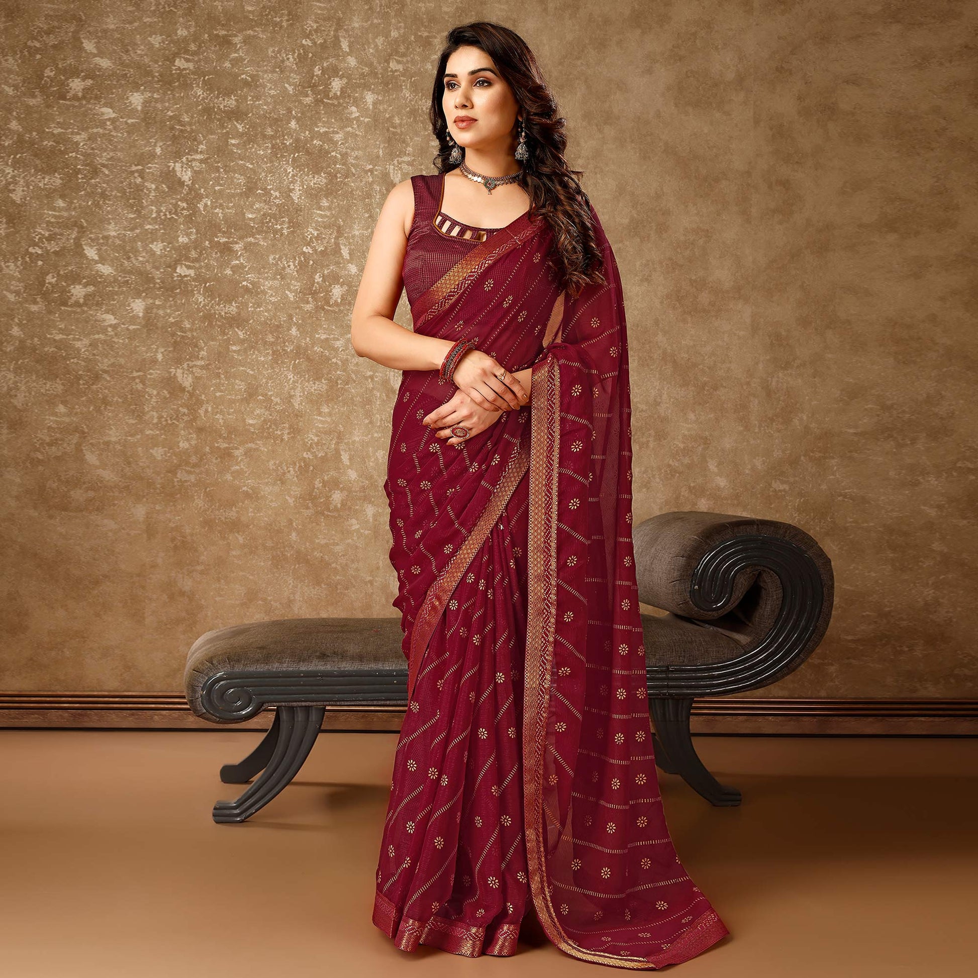 Maroon Floral Foil Printed Chiffon Saree With Lace Border