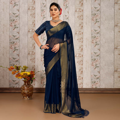 Blue Swarovski Work Chiffon Saree With Woven Border