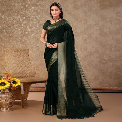 Bottle Green Swarovski Work Chiffon Saree With Woven Border