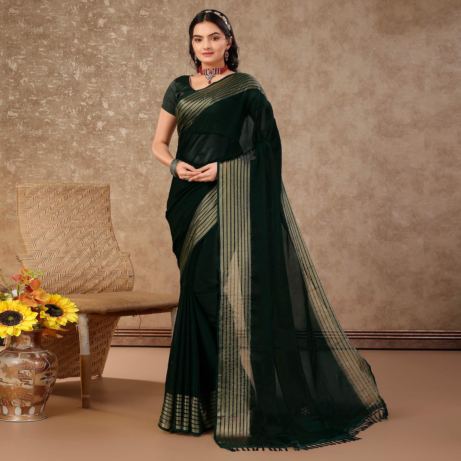 Bottle Green Swarovski Work Chiffon Saree With Woven Border
