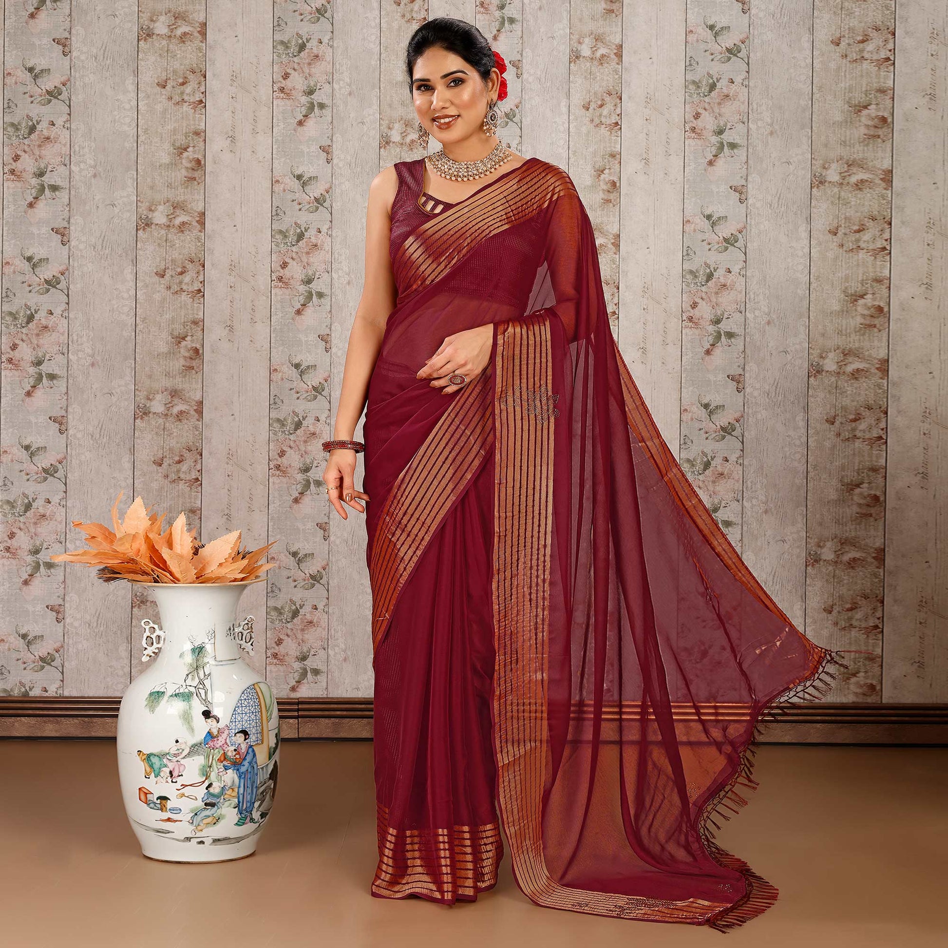 Maroon Swarovski Work Chiffon Saree With Woven Border