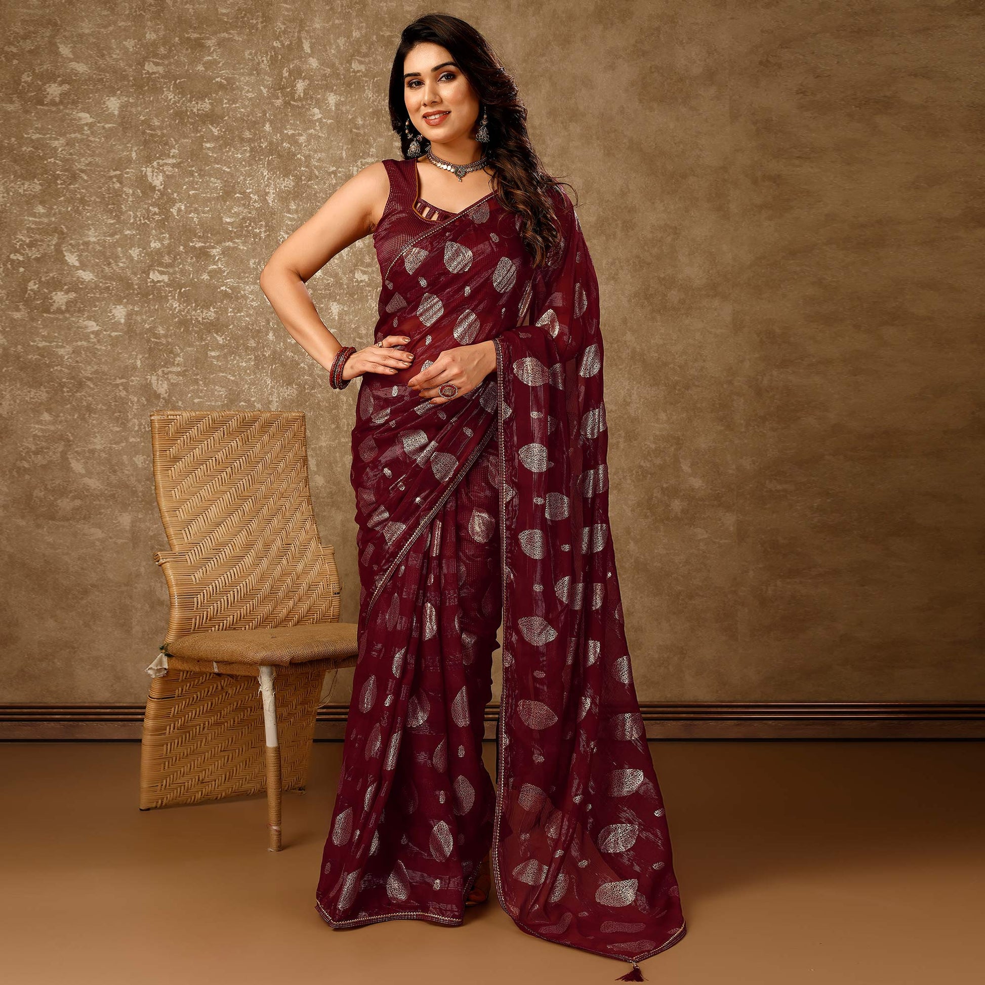 Maroon Foil Printed Chiffon Saree With Gota Patti Lace Border