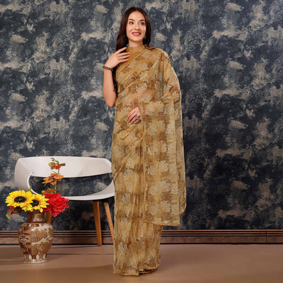 Chikoo Floral Printed With Zari Work Cotton Silk Saree