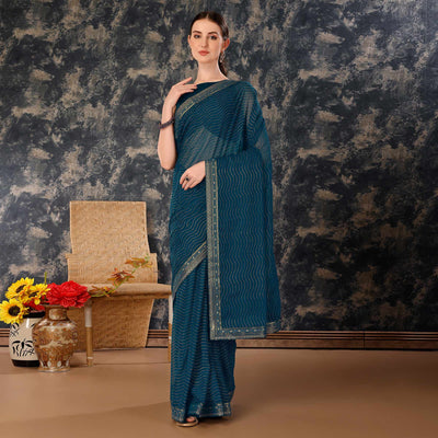 Blue Zari Embroidery Chiffon Saree With Lace Border