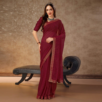 Maroon Zari Embroidery Chiffon Saree With Lace Border