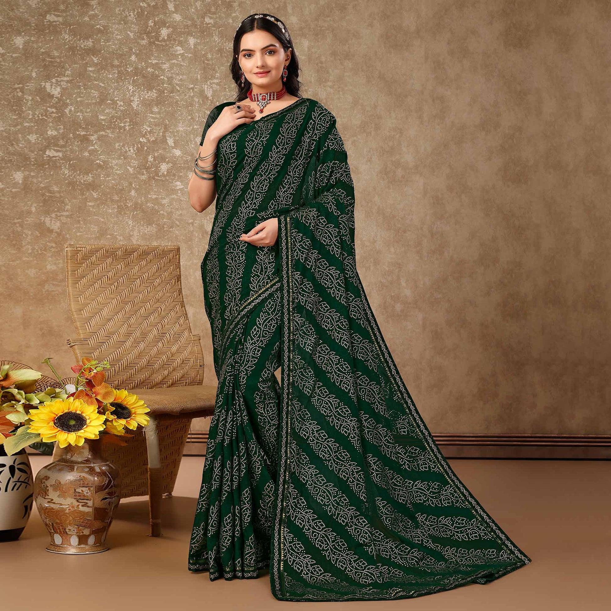 green-bandhani-foil-printed-chiffon-saree-with-lace-border