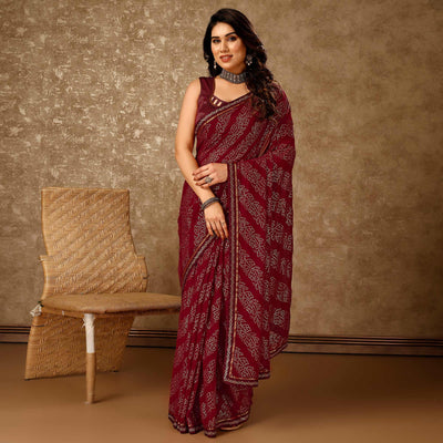 Maroon Bandhani Foil Printed Chiffon Saree With Lace Border