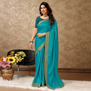 Blue Solid Saree Vichitra Silk With Zari Lace Border