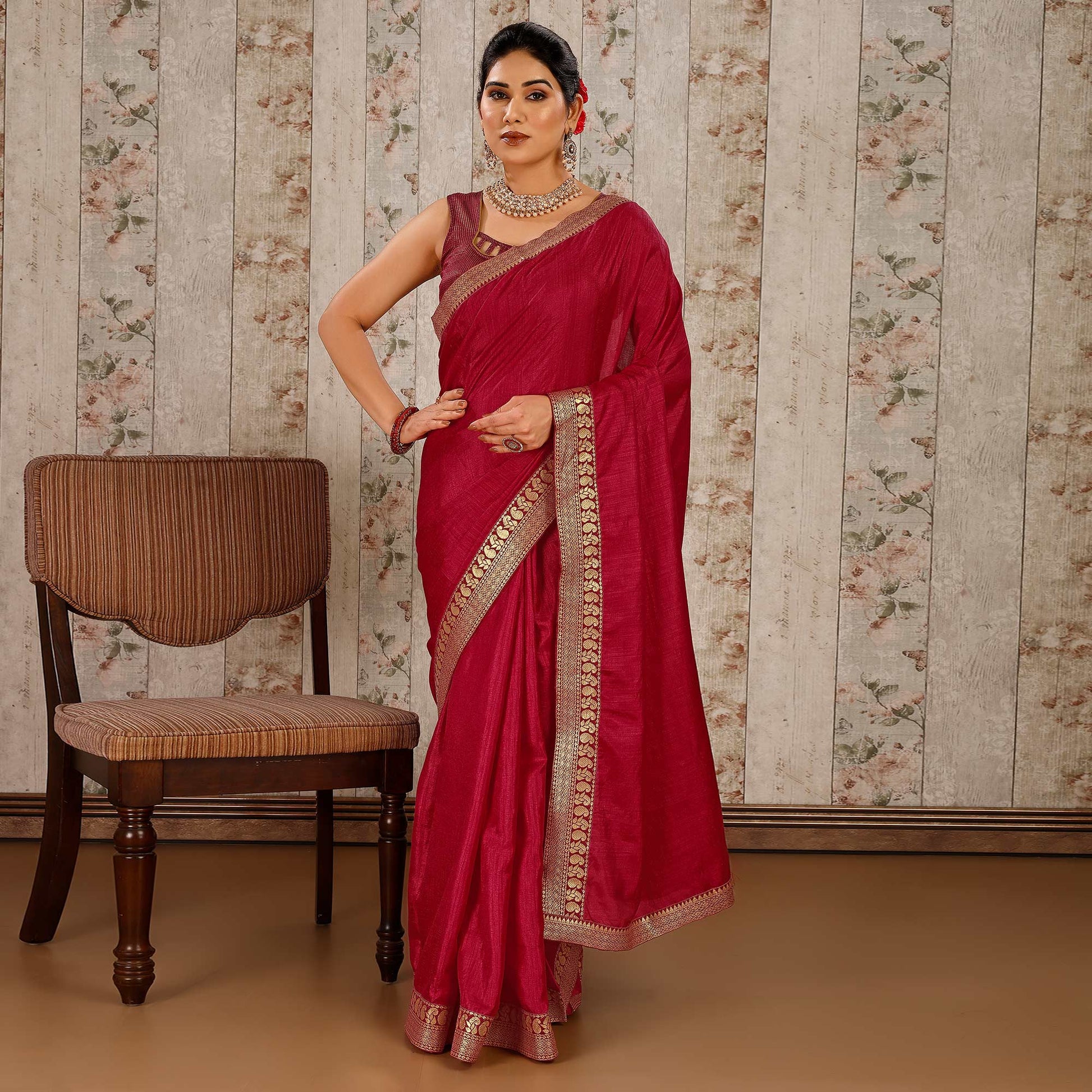 Maroon Solid Saree Vichitra Silk With Zari Lace Border