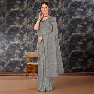 Grey Printed With Zari Work Chiffon Saree With Lace Border