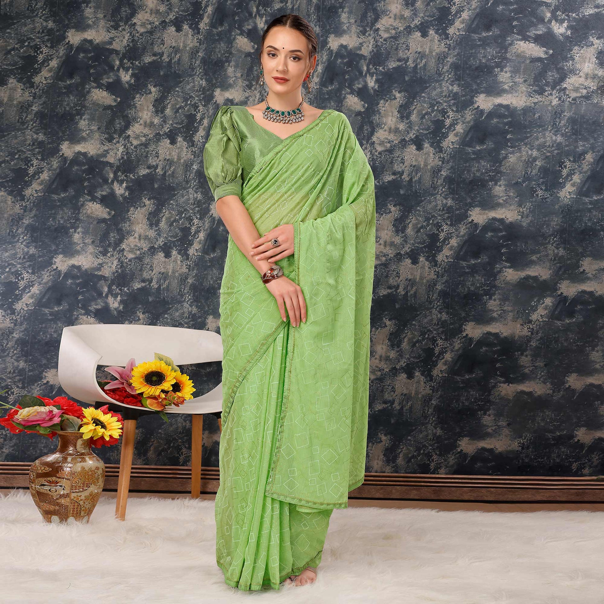 green-printed-with-zari-work-chiffon-saree-with-lace-border
