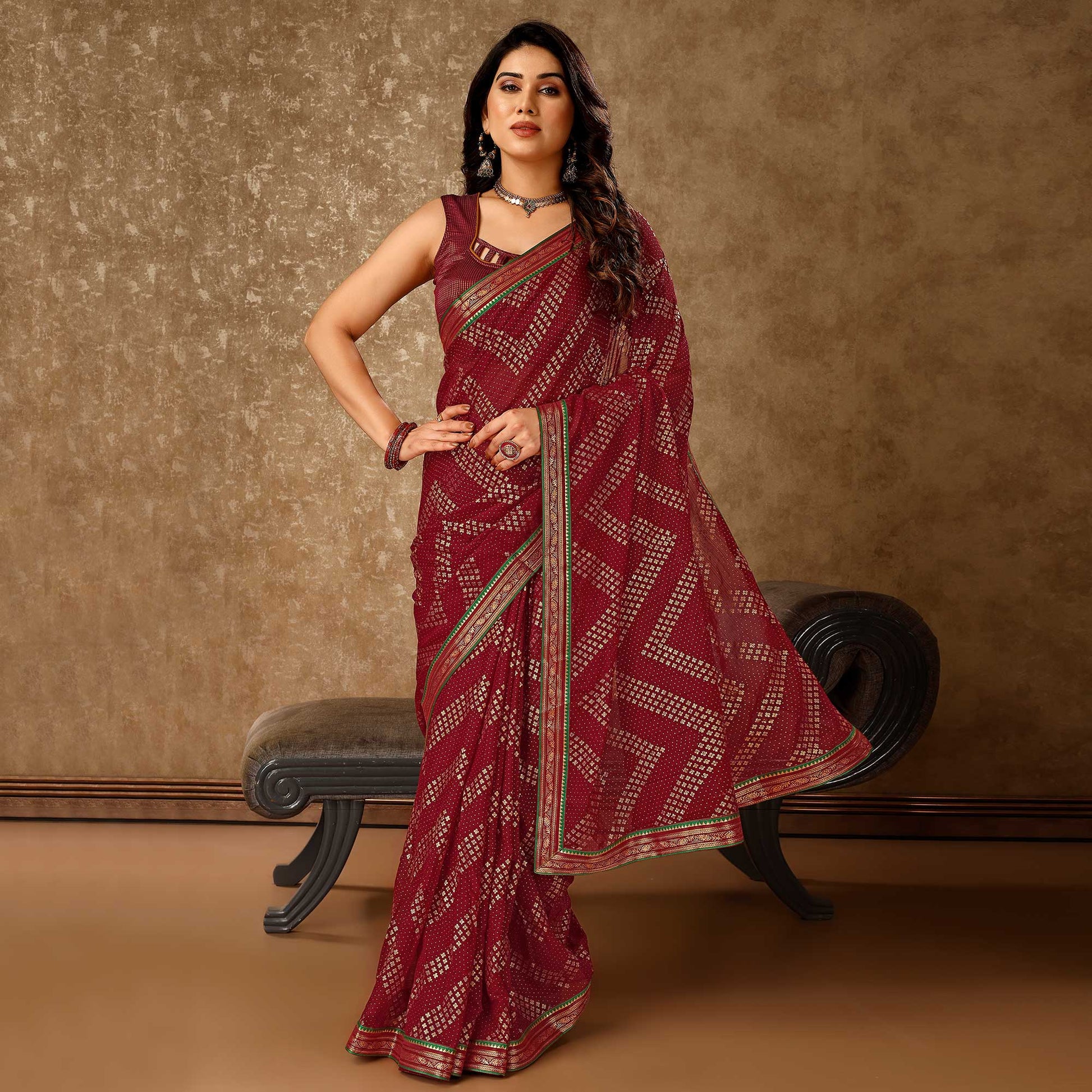 Maroon Foil Printed Chiffon Saree With Lace Border