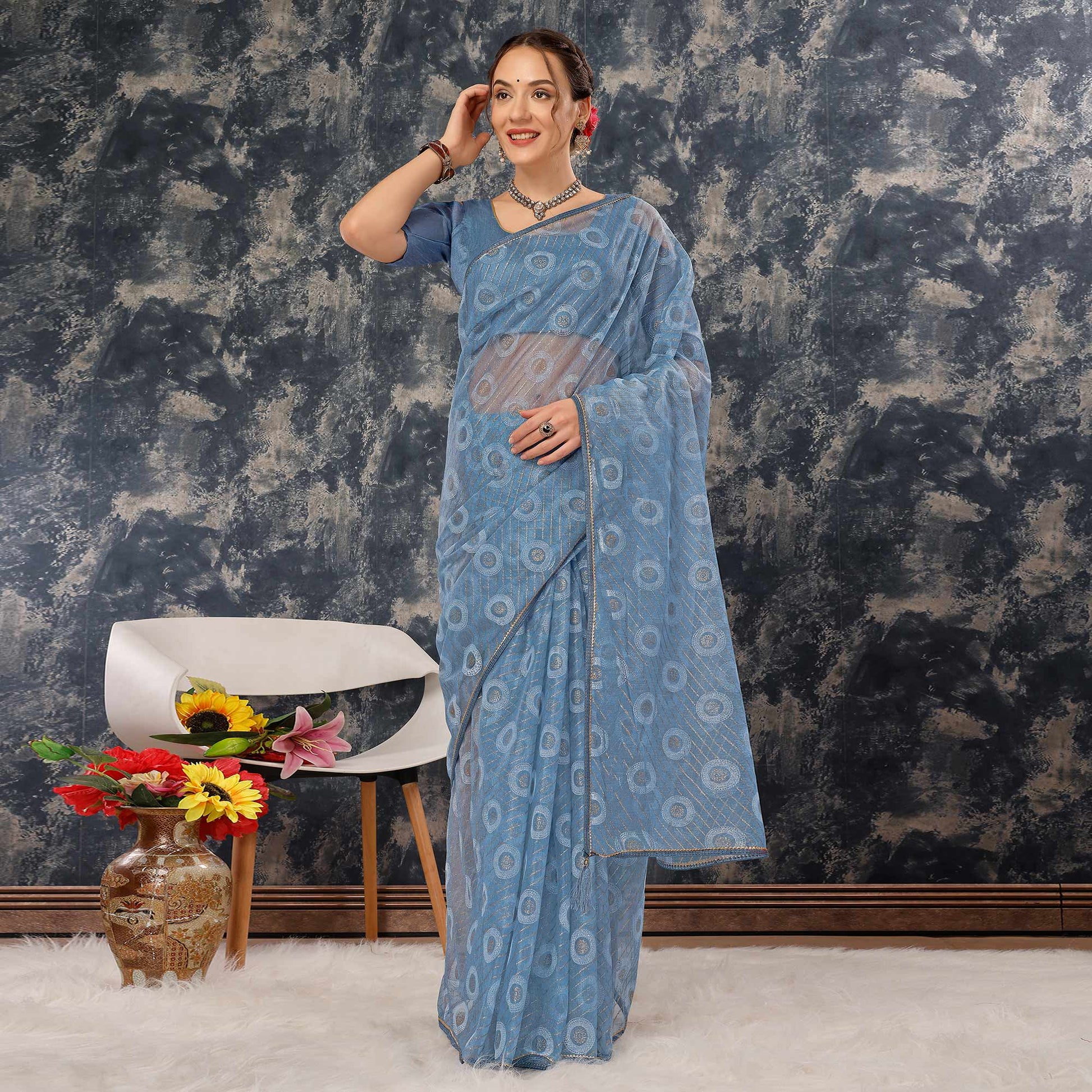 Greyish Blue Printed With Zari Work Cotton Silk Saree With Lace Border