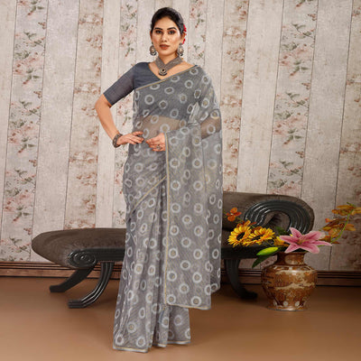 Grey Printed With Zari Work Cotton Silk Saree With Lace Border