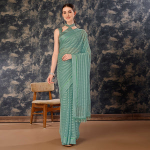 Dusty Green Swarovski Work Chiffon Saree With Tassels