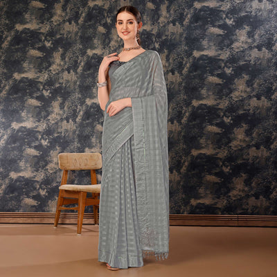 Grey Swarovski Work Chiffon Saree With Tassels