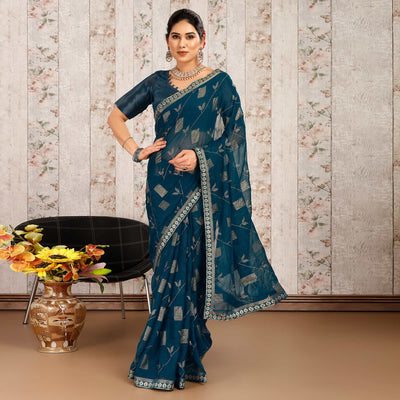 Morpich Floral Foil Printed Chiffon Saree With Lace Border