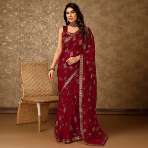 Maroon Floral Foil Printed Chiffon Saree With Lace Border