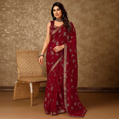 Maroon Floral Foil Printed Chiffon Saree With Lace Border