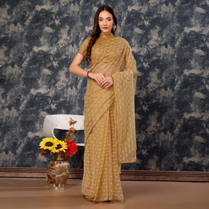 Chikoo Zari Printed Cotton Silk Saree Lace Border